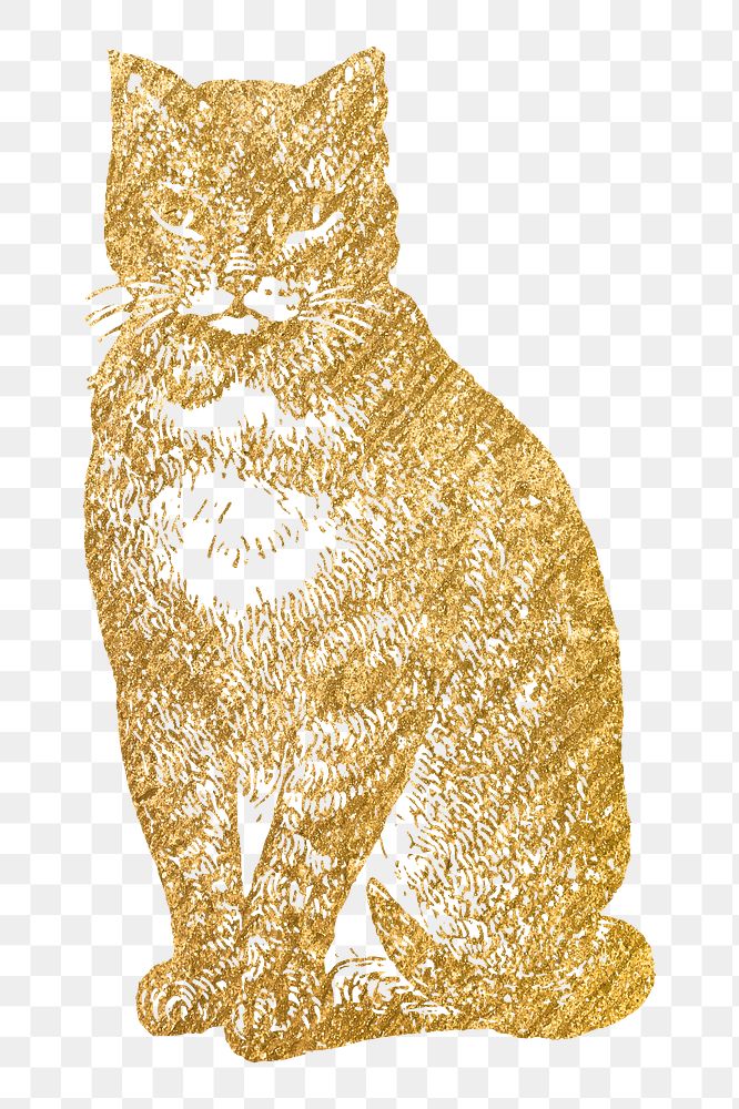 Gold cat png sticker, pet aesthetic illustration, transparent background