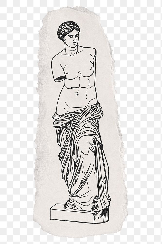 Png nude Greek goddess statue sticker, ripped paper, vintage illustration, transparent background