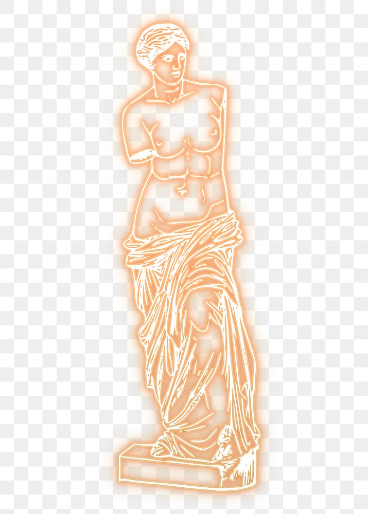Png Greek goddess statue  sticker, orange neon illustration, transparent background