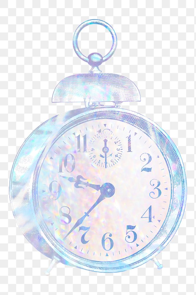 Alarm clock png sticker, aesthetic holographic illustration, transparent background