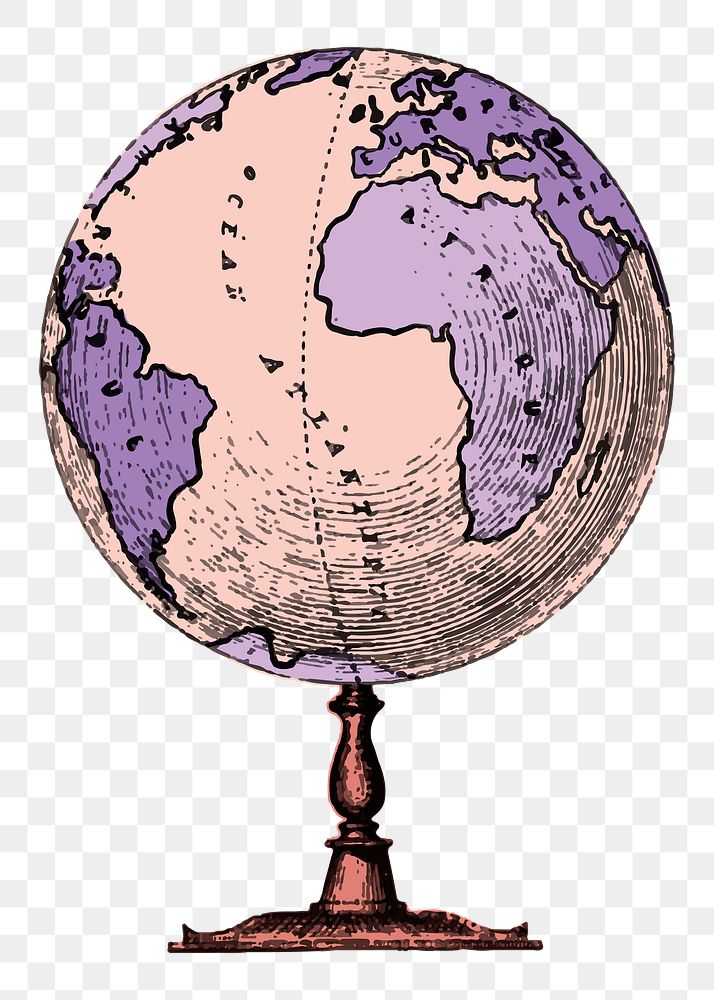 Purple globe png sticker, education aesthetic, vintage illustration, transparent background