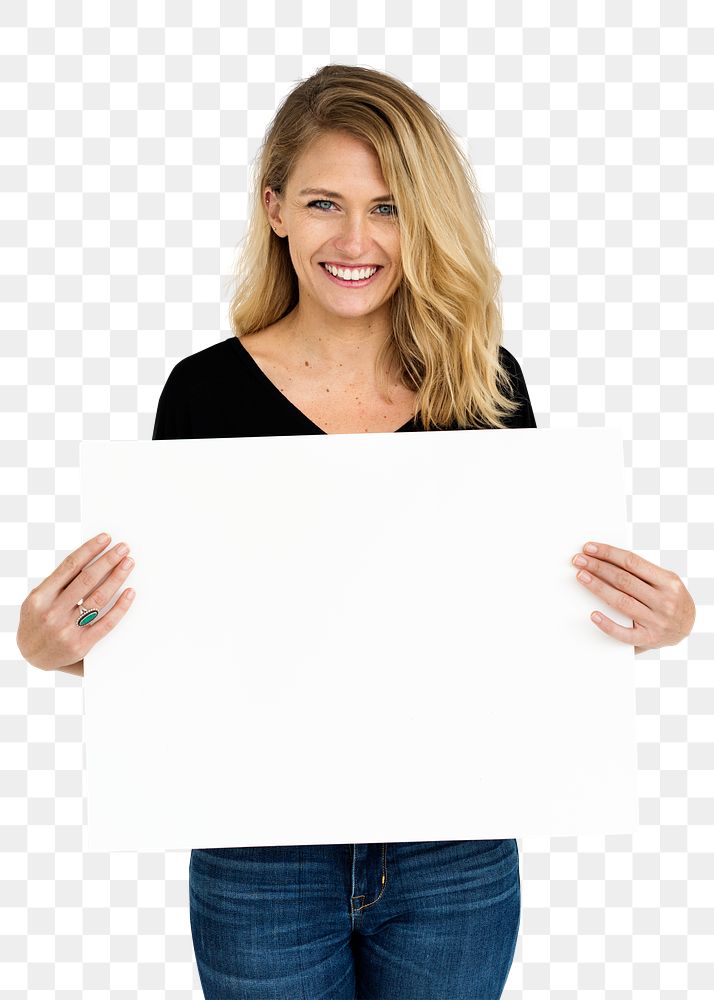 Happy blonde woman holding an empty board transparent png