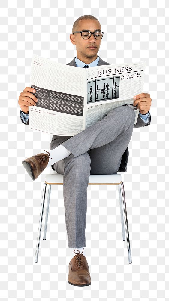 Businessman png clipart, reading newspaper, transparent background