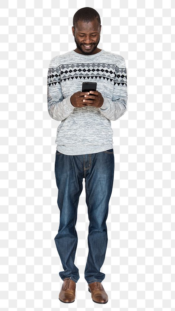 Black man texting png, social media addiction concept