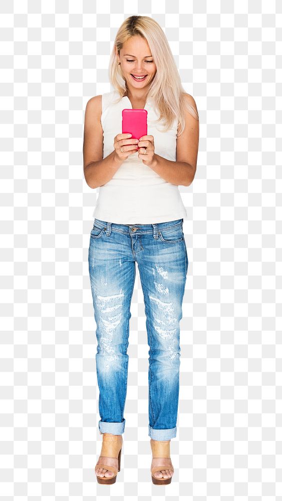 Blonde woman png texting, social media addiction concept