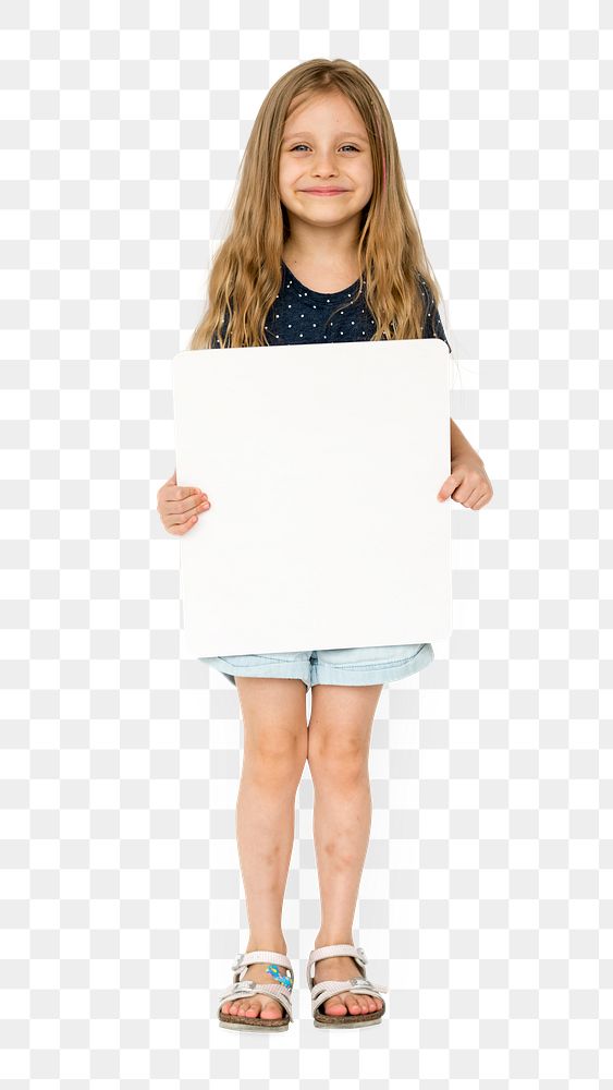 Cute happy girl with a blank board transparent png