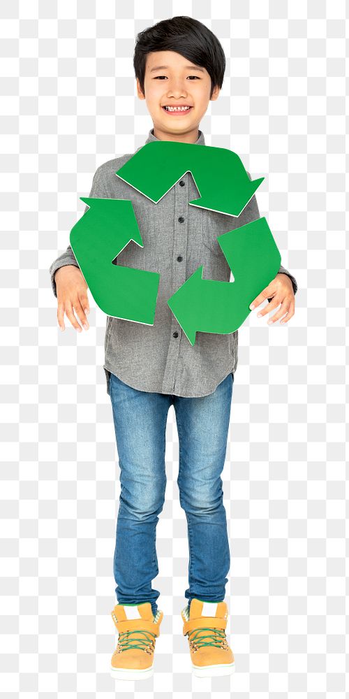 Sustainability png clipart, kid holding recycle symbol, transparent background