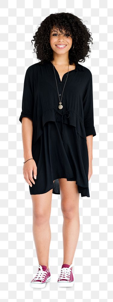 Happy woman in a black dress transparent png