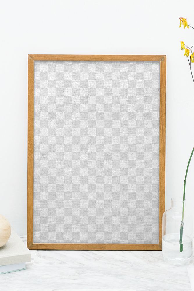 Wooden picture frame png mockup by a yellow forsythia