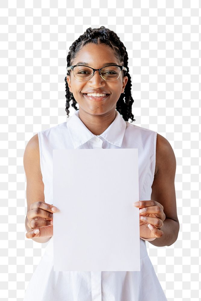 Black businesswoman holding a white document transparent png