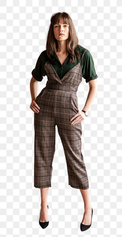 Confident woman in a plaid jumpsuit  transparent png