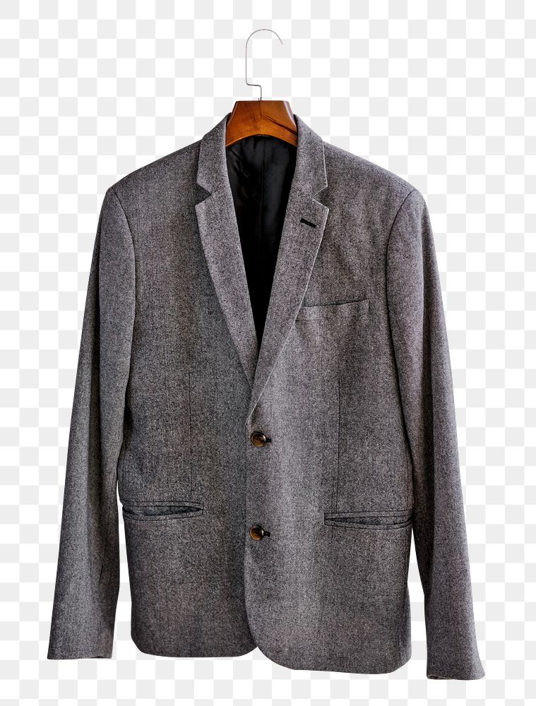 Gray blazer on a hanger transparent png