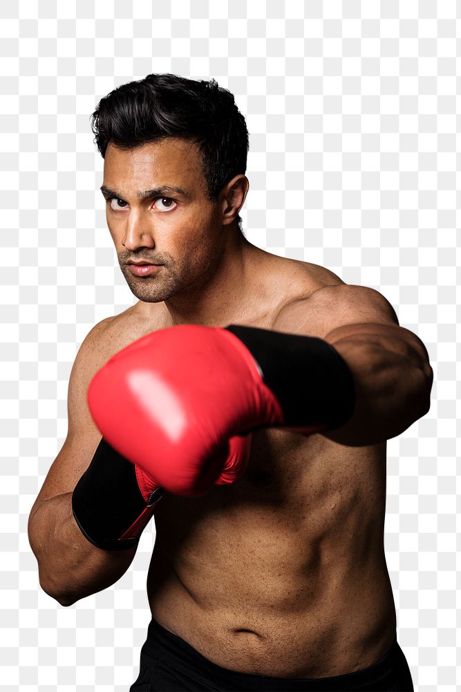 Muscular male boxer with the red boxing gloves transparent png