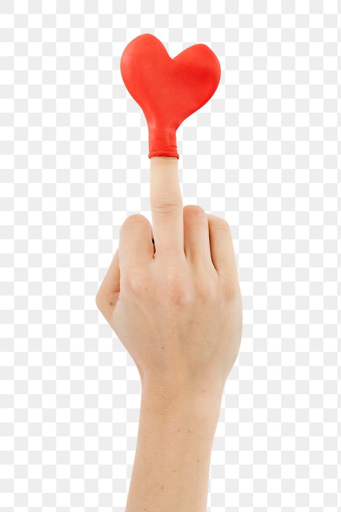 Red heart balloon on a middle finger transparent png