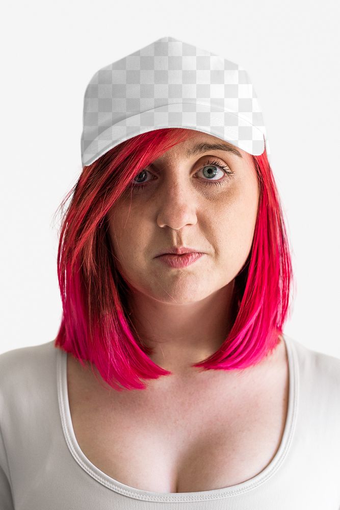 Pink hair woman in white cap mockup png