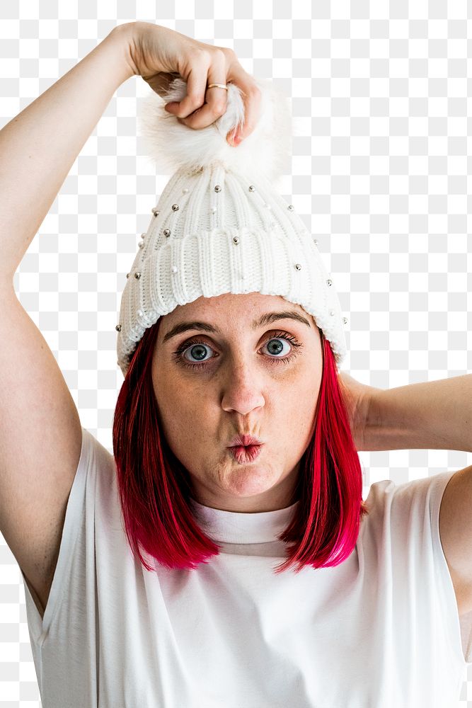 Woolen hat mockup png on a funny woman with pink hair
