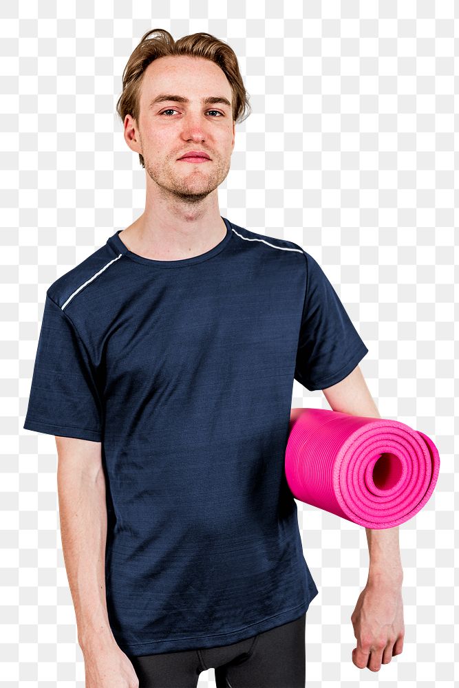 Man in black sport shirt with pink yoga mat mockup png