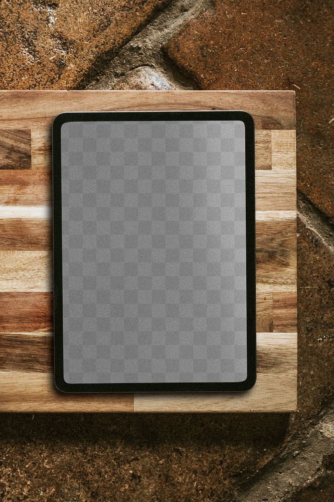 Png black digital tablet screen mockup on a wooden board flatlay
