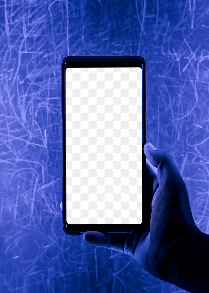 Transparent smartphone screen mockup png by a blue grunge wall