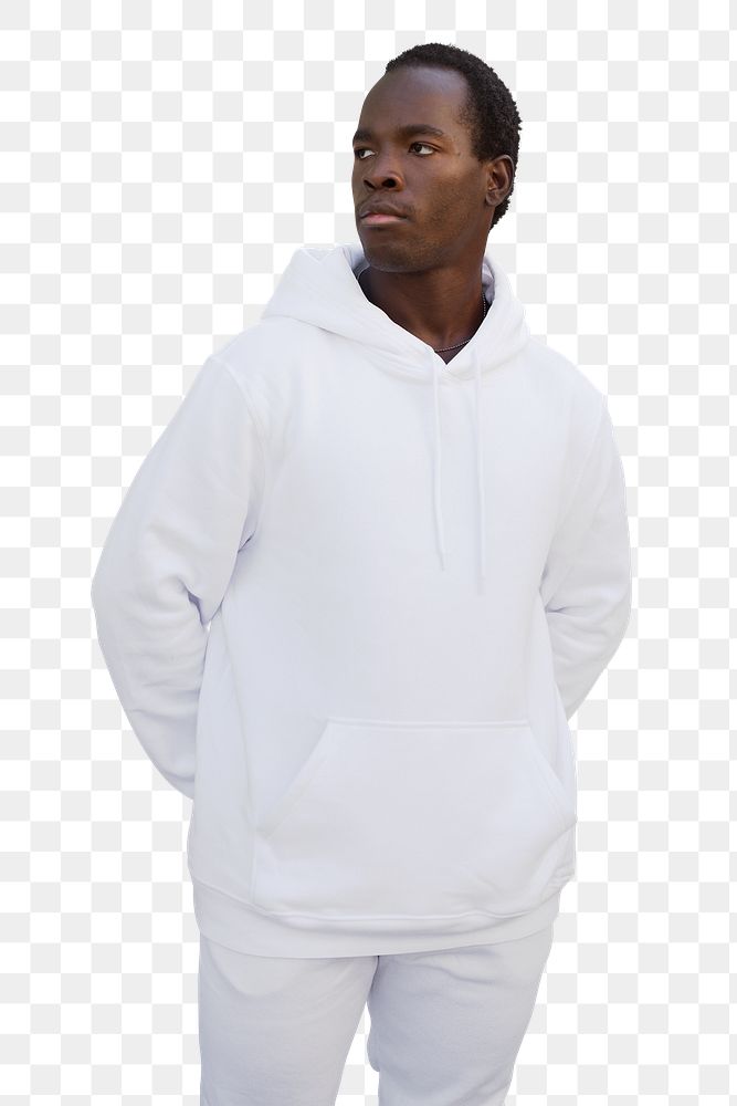 Png man mockup in white hoodie streetwear men’s apparel fashion on transparent background