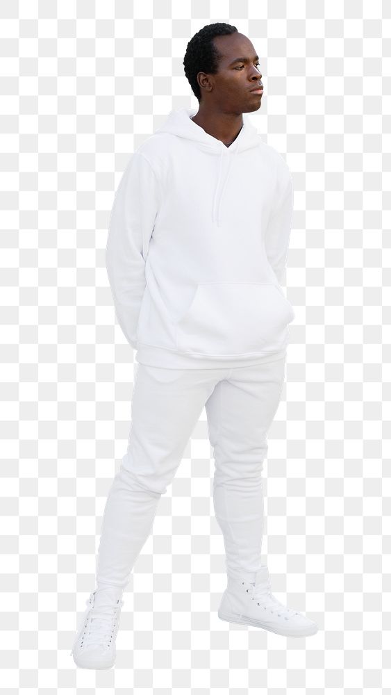 Png man mockup in white hoodie and sweatpants on transparent background 
