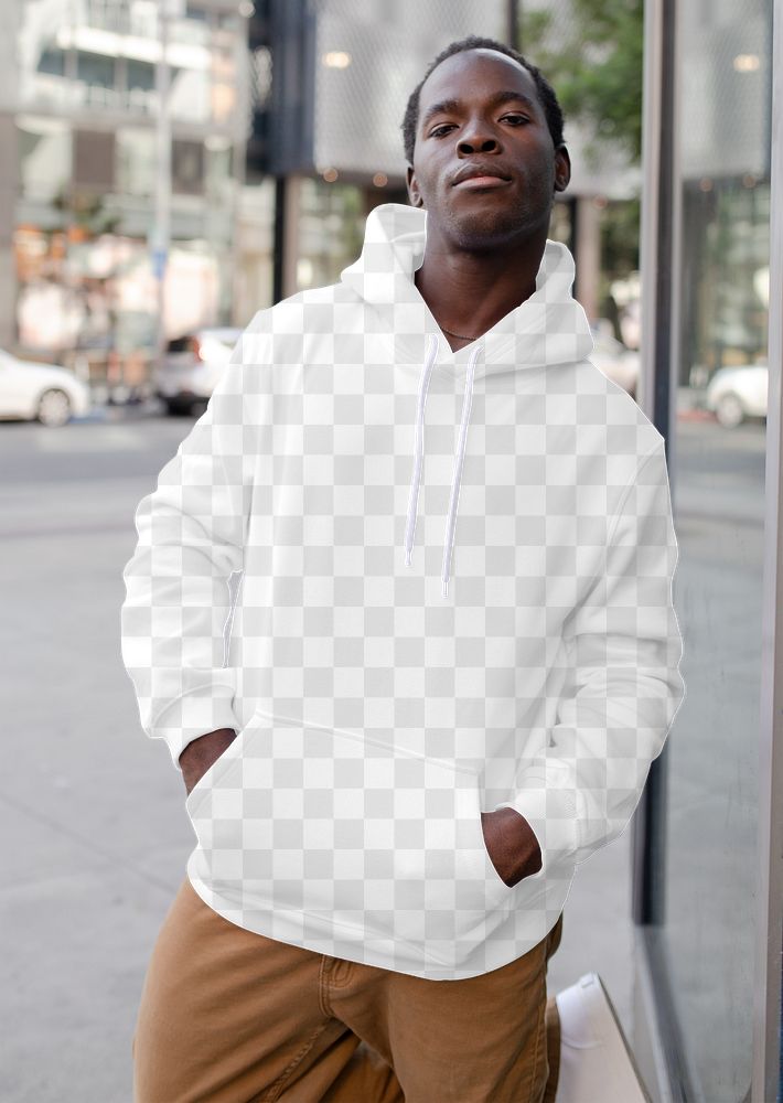 Menswear png hoodie mockup on man with brown pants in the city