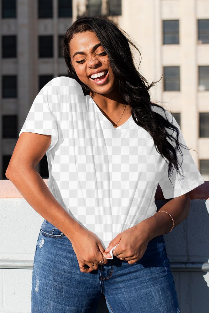 Png crop top mockup worn by a woman on the rooftop