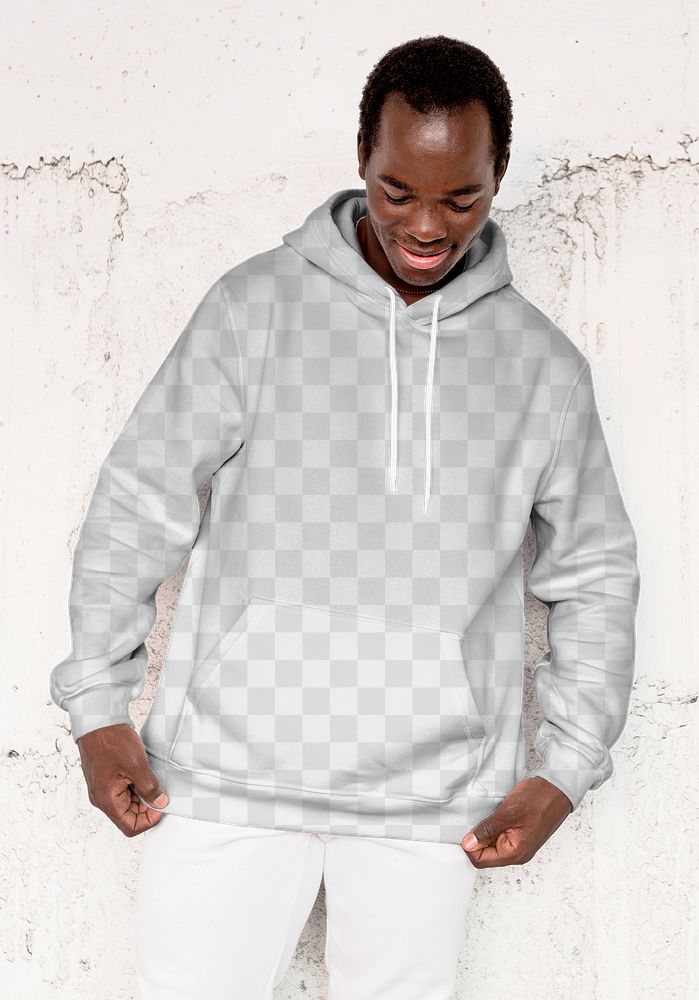 Png men&rsquo;s fashion hoodie mockup apparel on man with concrete wall
