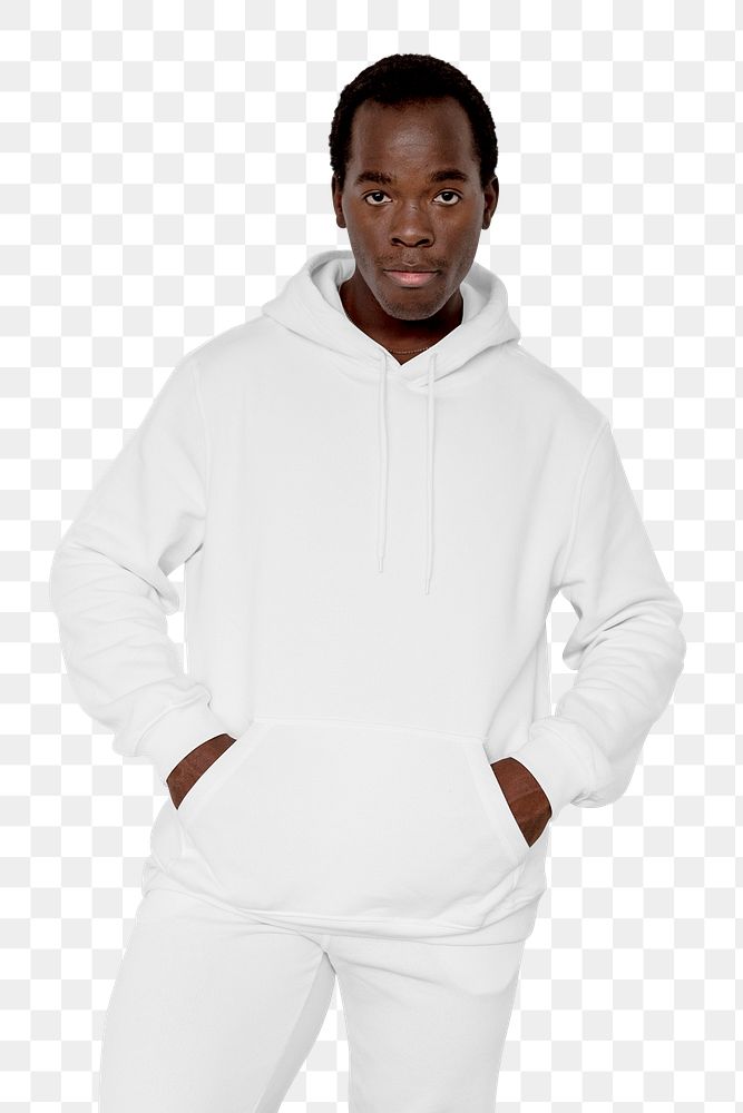 Png man mockup in white hoodie sporty menswear on transparent background