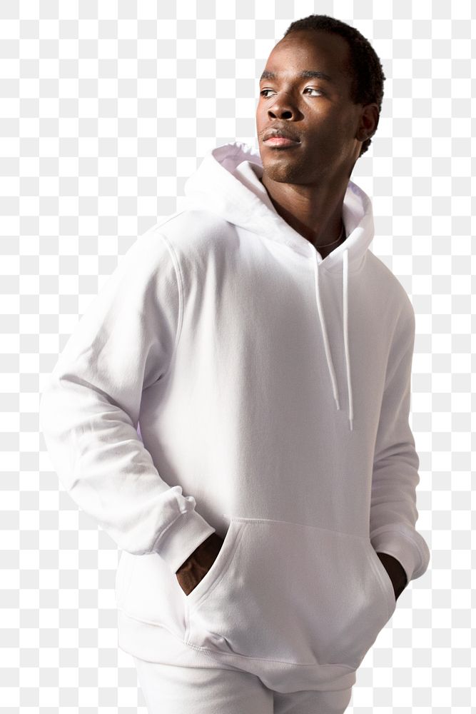 Png man mockup in white hoodie sporty menswear on transparent background