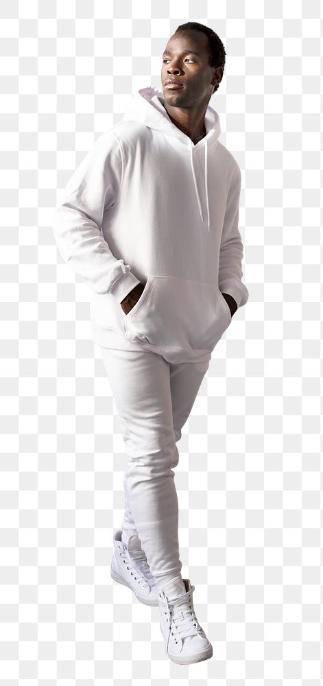 Png man mockup in white hoodie and sweatpants on transparent background