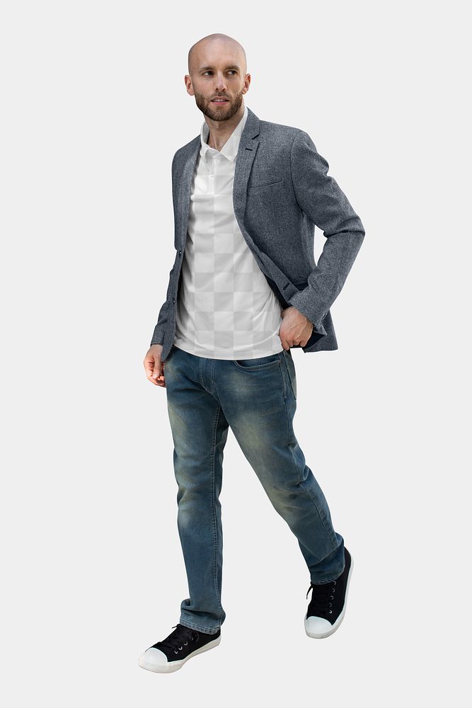 Png polo shirt mockup under gray blazer men&rsquo;s apparel business casual style full body