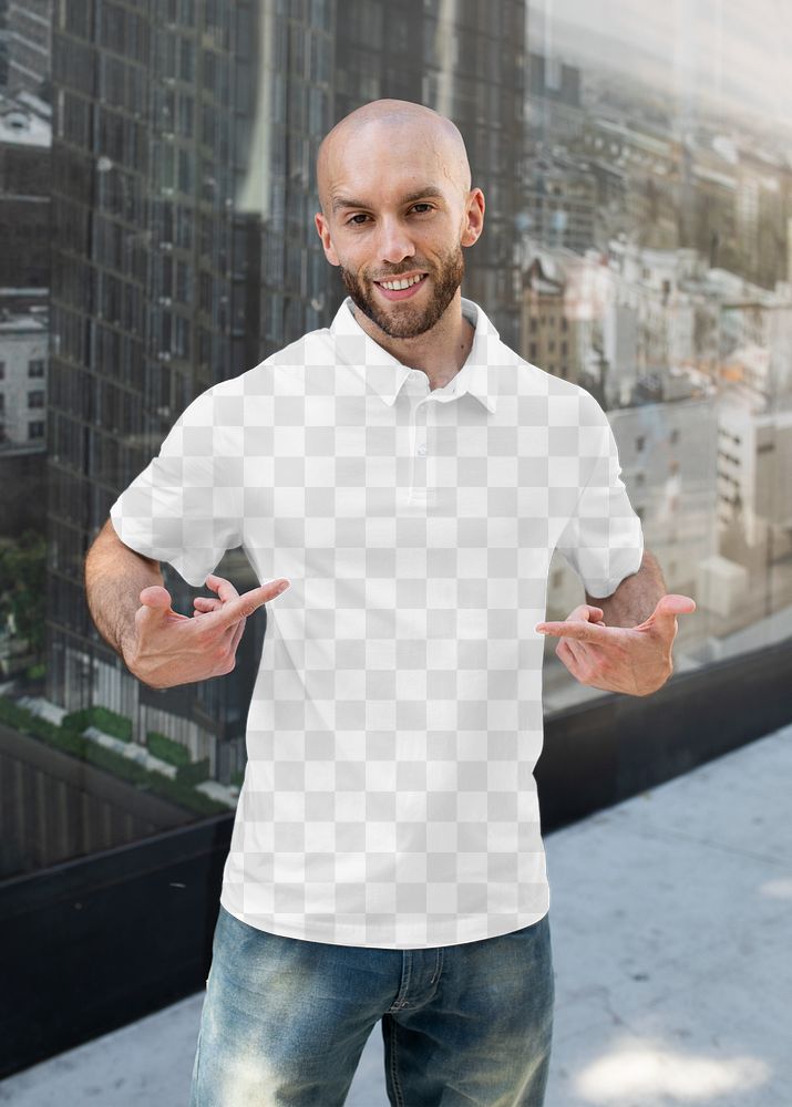 Menswear png polo shirt mockup casual apparel outdoor shoot