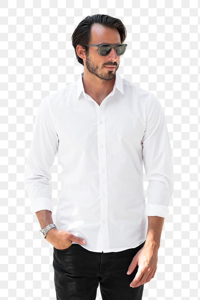 Man png mockup in white shirt casual streetwear on transparent background