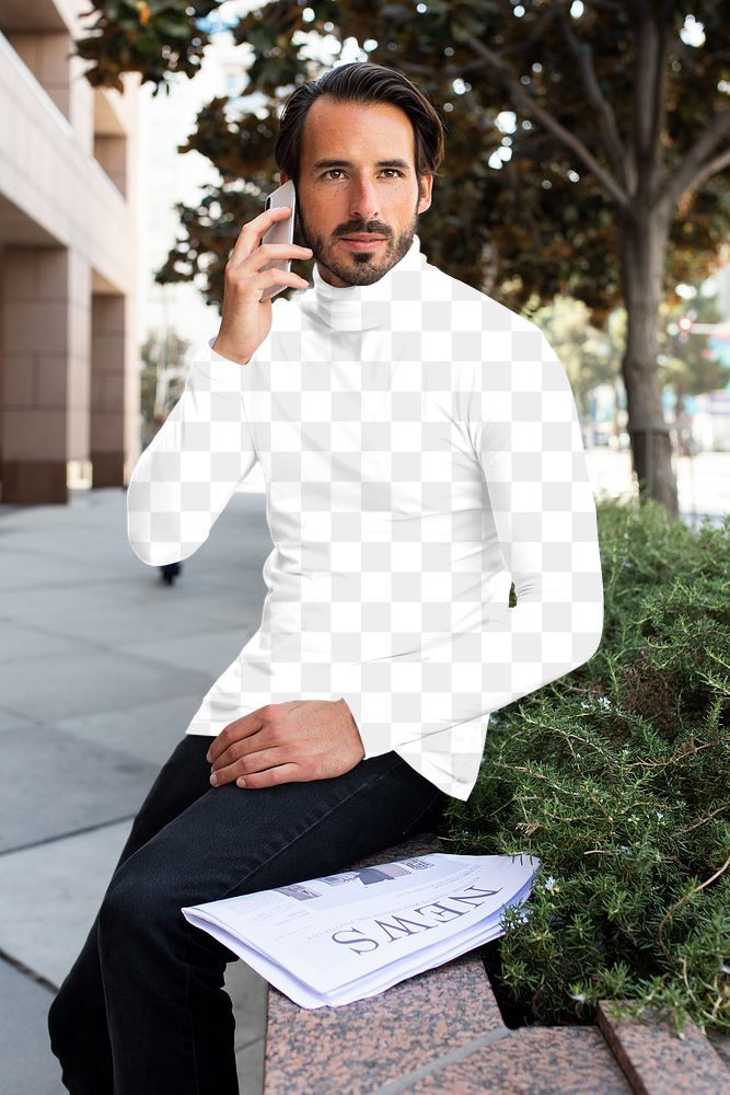 Png turtleneck shirt mockup on man talking on the phone in the city men&rsquo;s apparel fashion