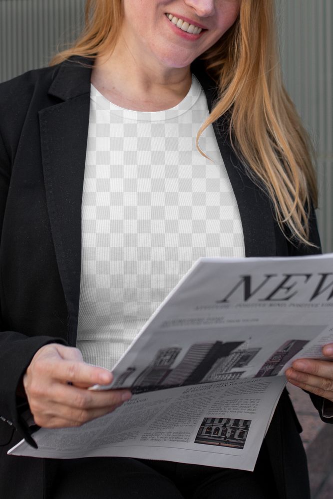 Png women&rsquo;s t-shirt apparel mockup under black blazer on a businesswoman reading newspaper