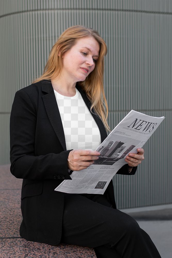 Png women&rsquo;s t-shirt apparel mockup under black blazer on a businesswoman reading newspaper