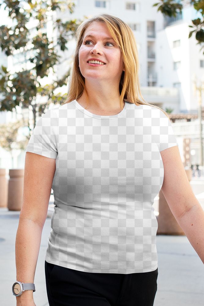 Png women&rsquo;s tee on woman walking in the city