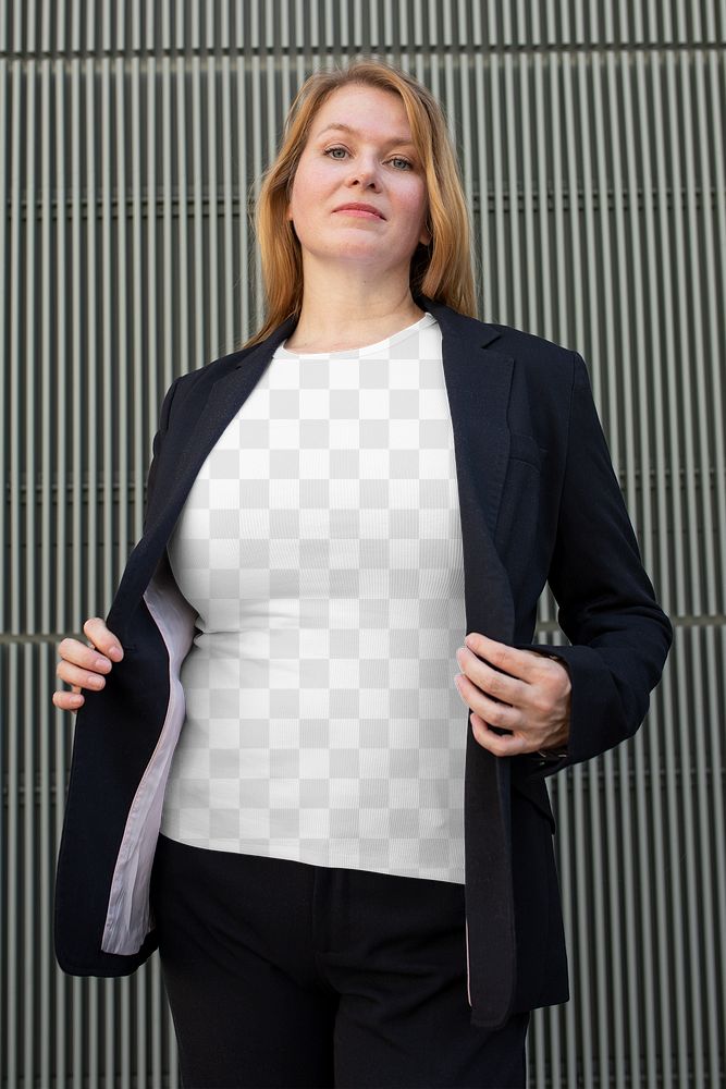 Png women&rsquo;s t-shirt apparel mockup under black blazer on a businesswoman