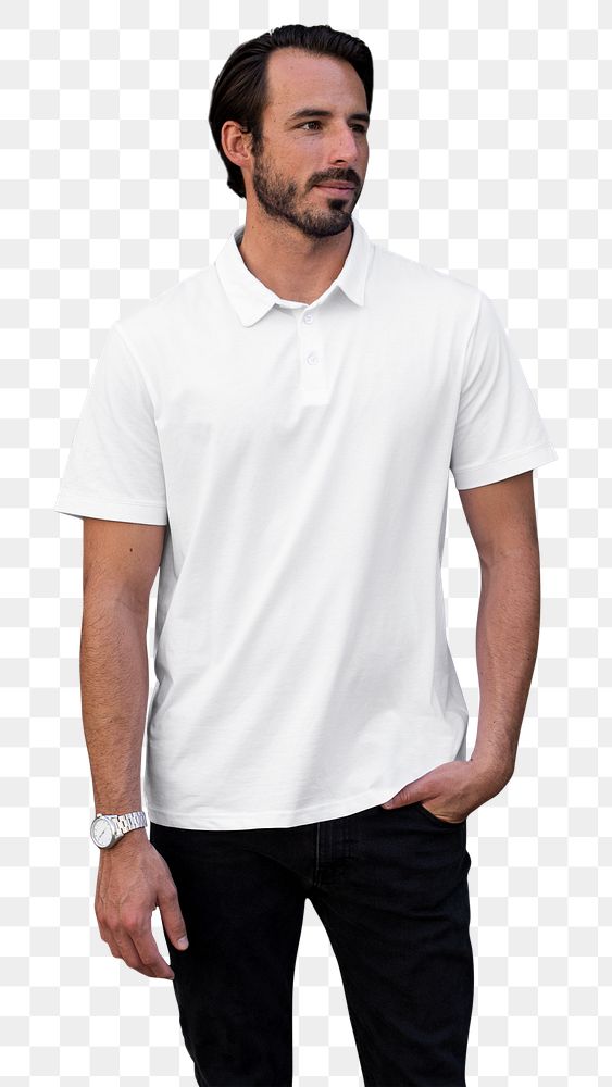 Man png mockup in white polo shirt casual attire menswear