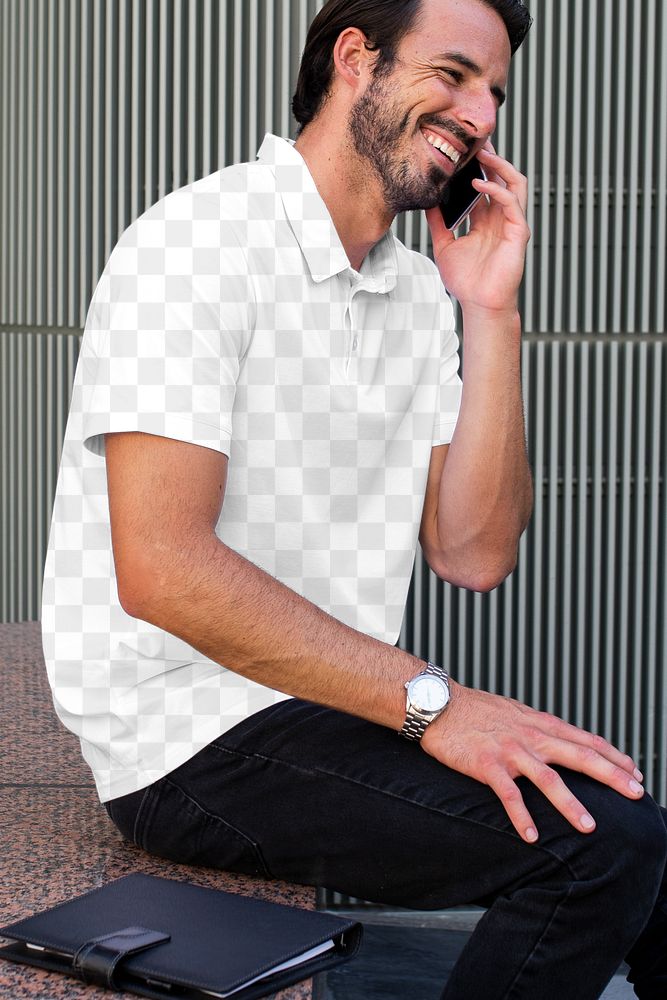 Png men&rsquo;s polo shirt mockup on man talking on the phone menswear apparel fashion