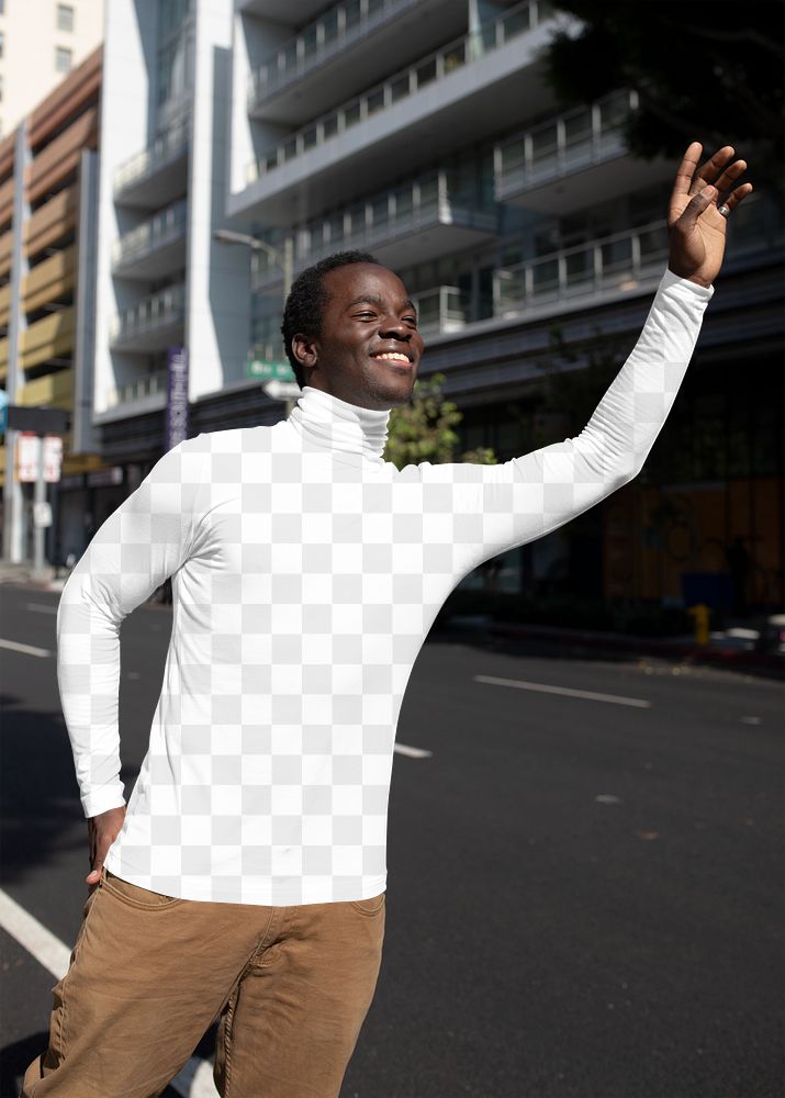 Png turtleneck mockup on man waving by the street in the city