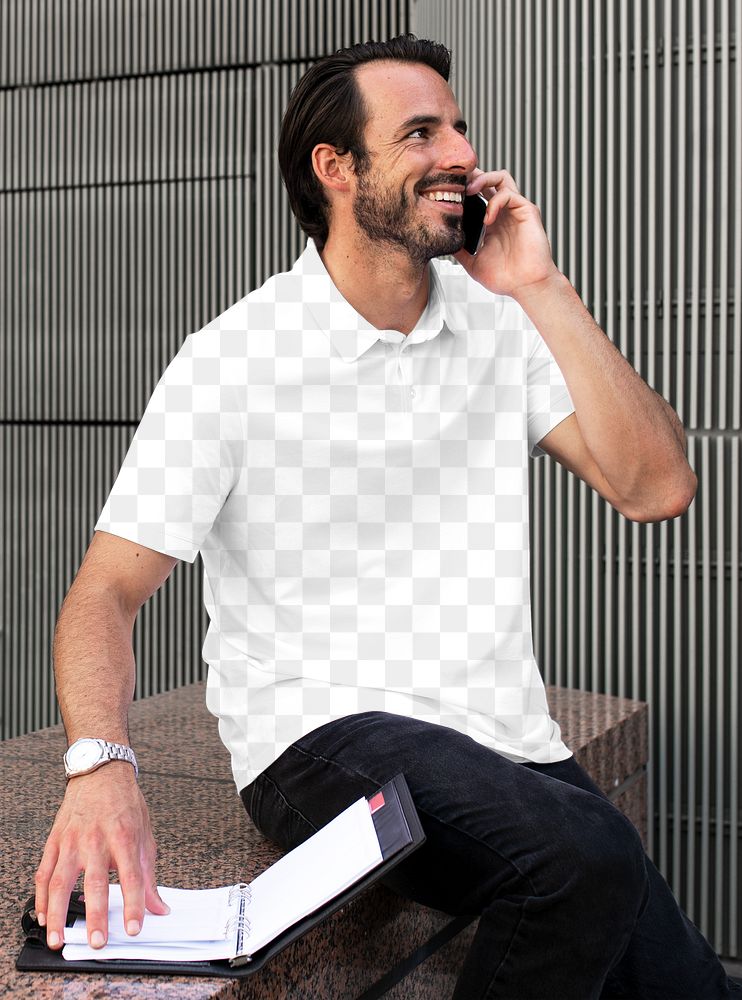 Png men&rsquo;s polo shirt mockup on man talking on the phone menswear apparel fashion