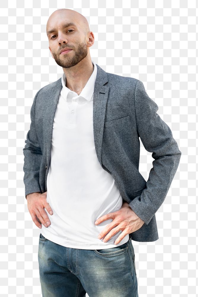 Png men&rsquo;s polo shirt mockup under gray blazer in business casual look style