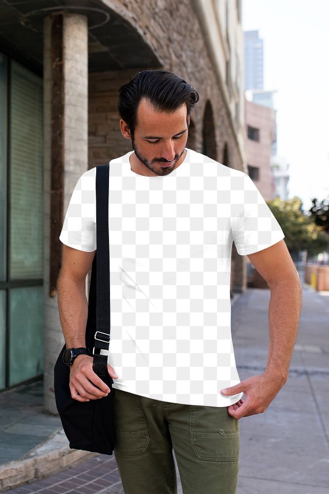 Png men&rsquo;s tee apparel mockup on a man with laptop bag street style fashion