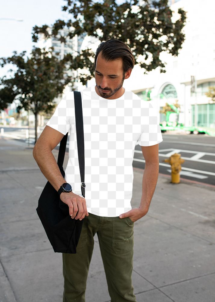 Png men&rsquo;s tee apparel mockup on a man with laptop bag street style fashion