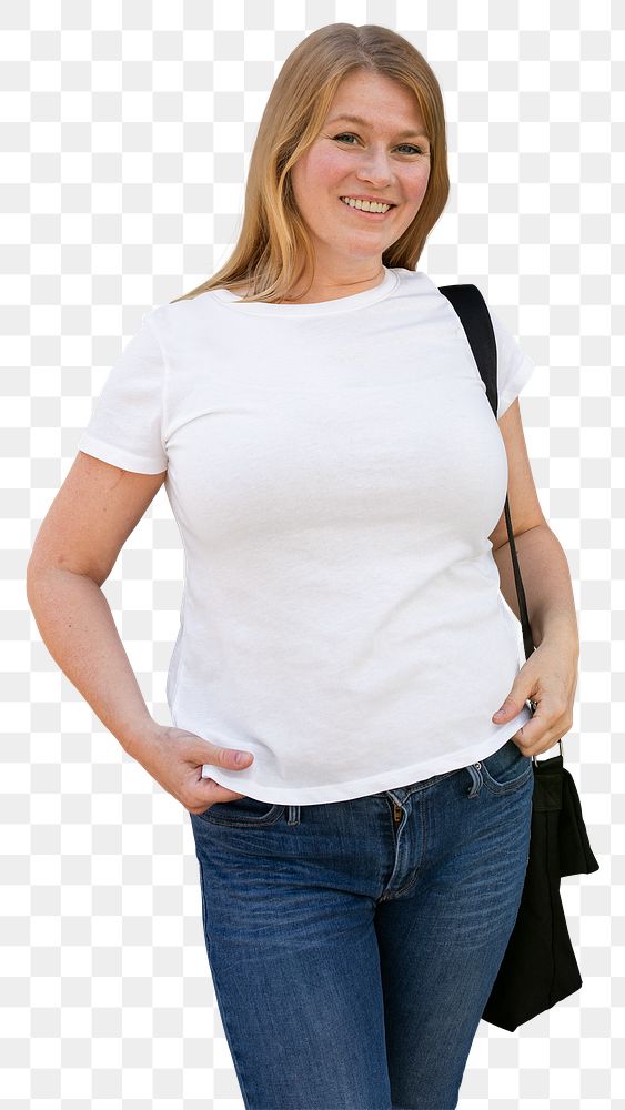 Woman png mockup wearing a white tee and jeans on transparent background