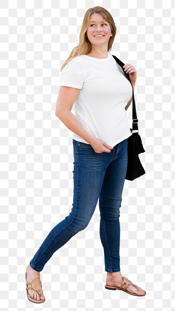 Woman png mockup in a white tee and jeans on transparent background