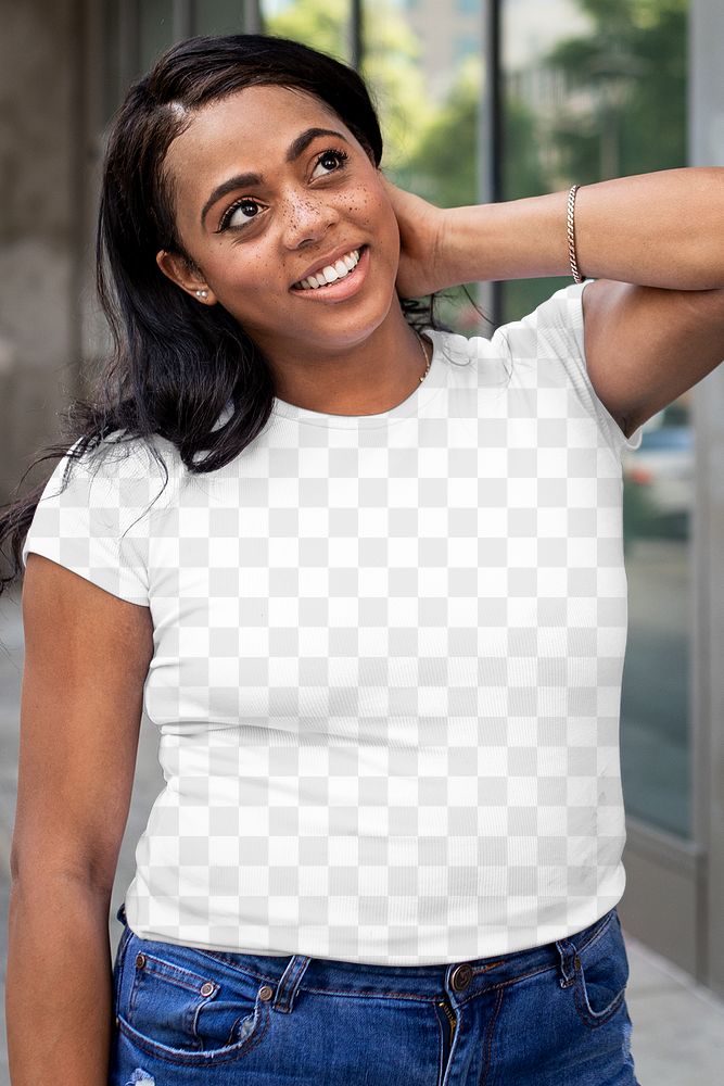 Png crop top mockup worn by a woman walking in the city street style apparel