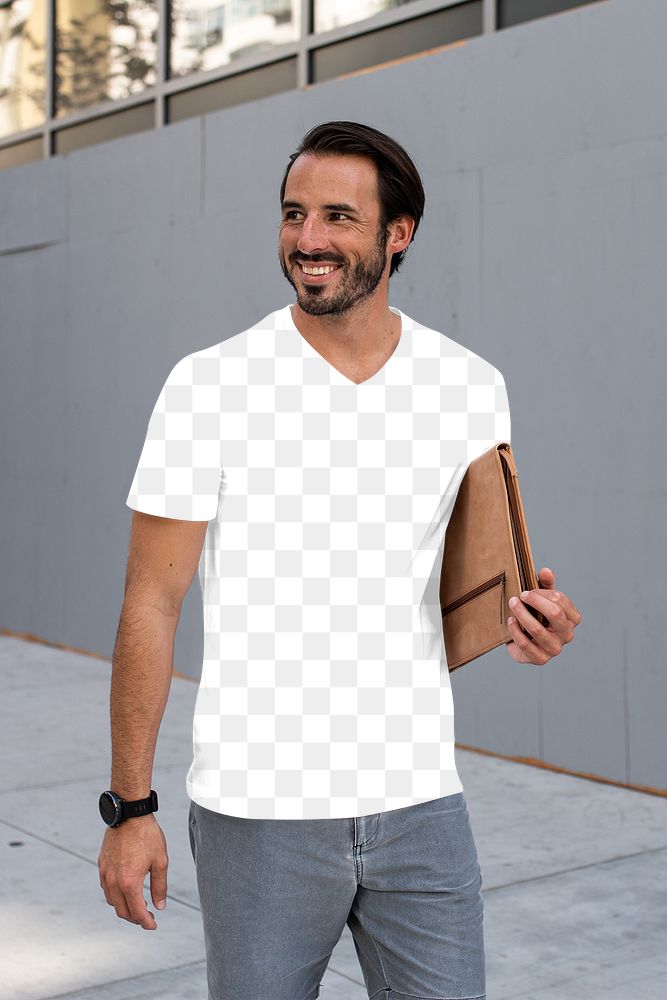 Png men&rsquo;s tee apparel mockup on a man walking in the city street style fashion